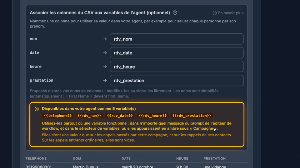 Animation : importer les contacts d'une campagne et relier les colonnes aux variables