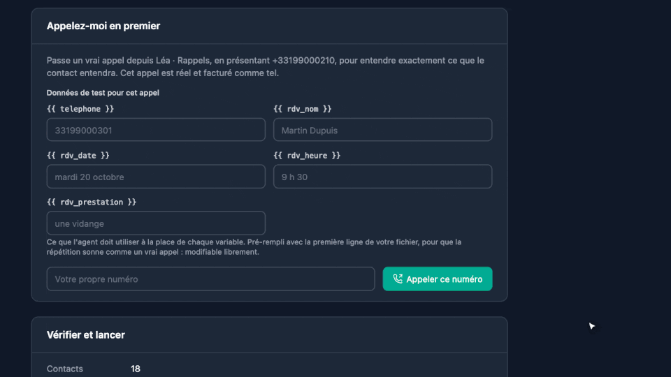 Animation : l'appel de test d'une campagne, puis son lancement