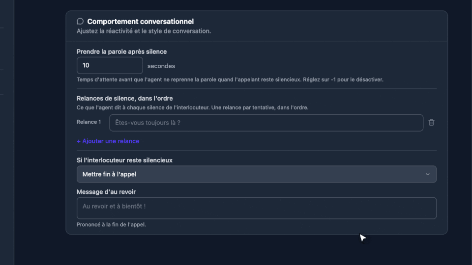 Animation : le comportement conversationnel, délai de silence et relances