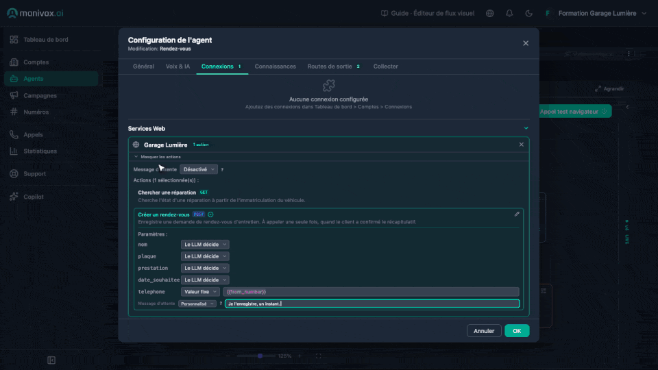 Animation : donner une action du service web au nœud Agent