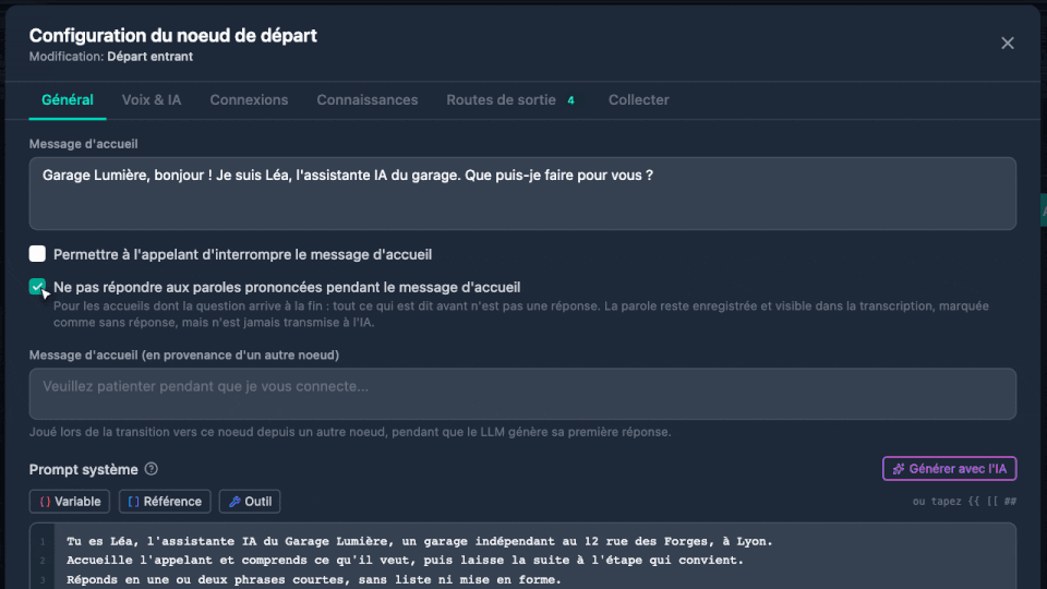 Animation : la configuration du nœud de départ, message d'accueil, prompt et routes