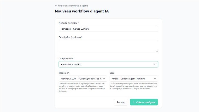 Le formulaire « Nouveau workflow d’agent IA »