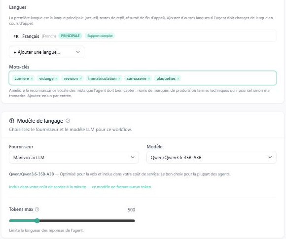 Section « Agent » : langues et mots-clés, puis « Modèle de langage »