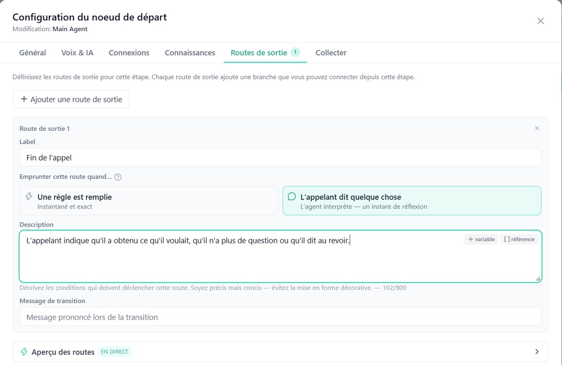 La route de sortie « Fin de l’appel »