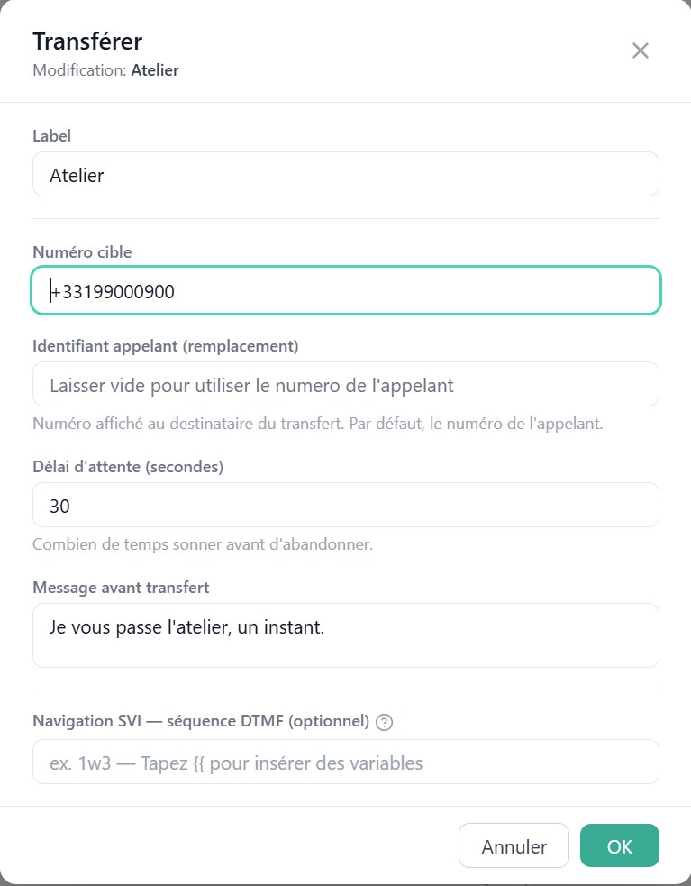 Le nœud Transférer « Atelier » (exemple du garage)