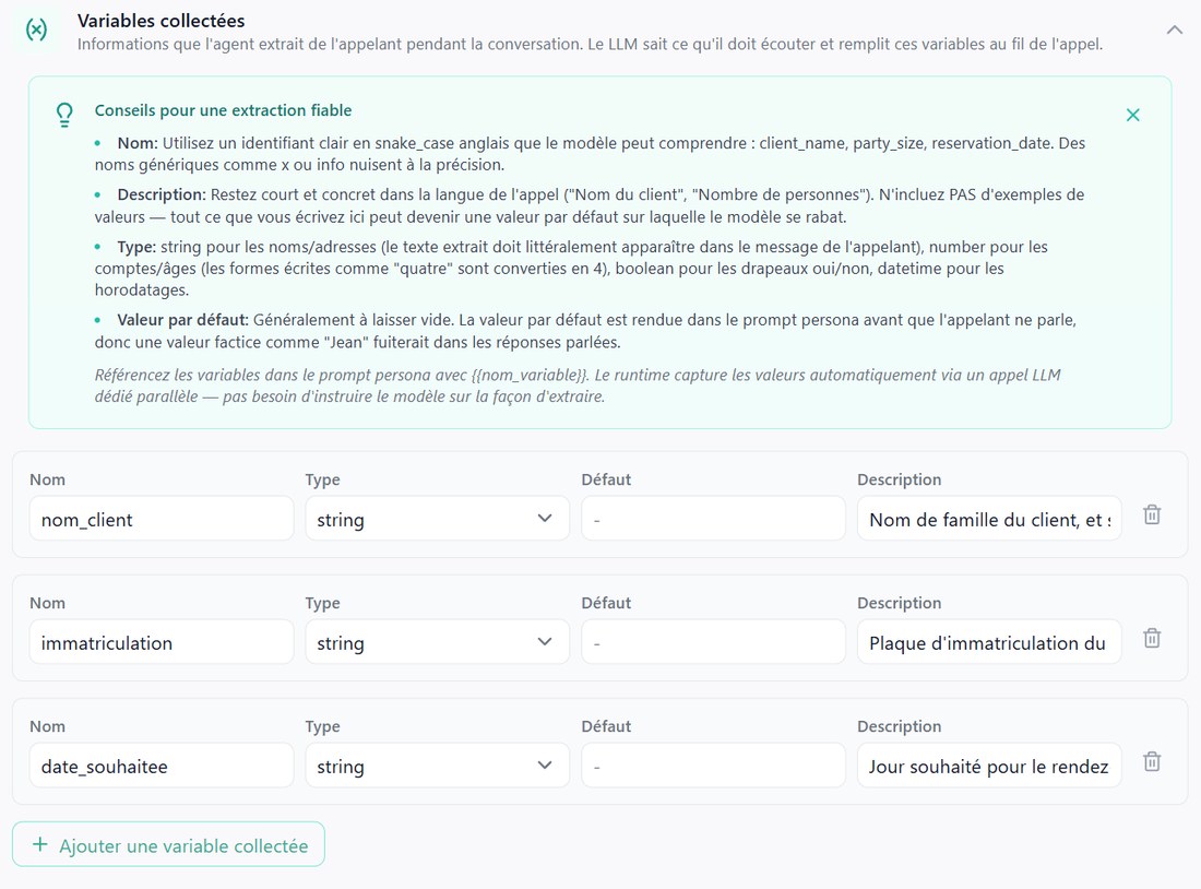 Trois variables collectées déclarées, sous les conseils de l’écran (exemple du garage)